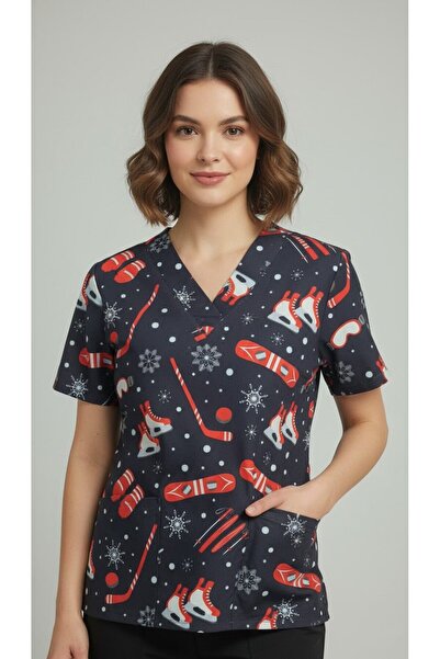 DEMOTEKS Women's Printed Elastane Medical Blouse - Ice Skater Uniform Scrub Top