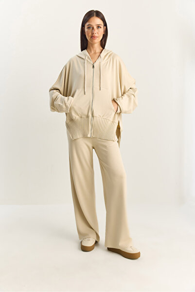 Bianco Lucci Women's Ribbed Oversized Hooded Zippered Sweat Wide Leg Comfort Pants Set 4038 60283855