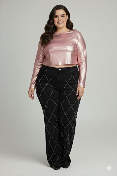 FİVA JEANS Plus Size Jeans Premium Super High Waist Stretchy Diamond Stone Wi...