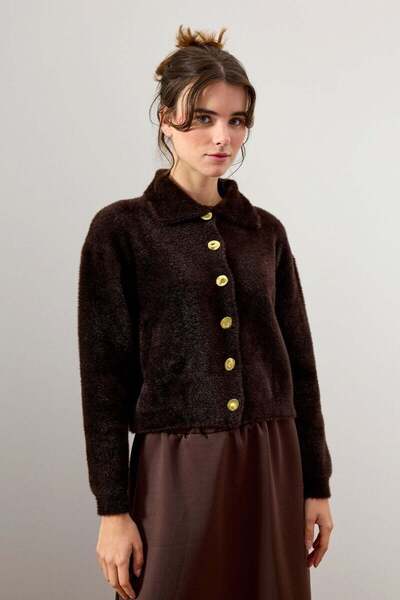 Ceylan Otantik Bitter Brown Polo Neck Plush Cardigan