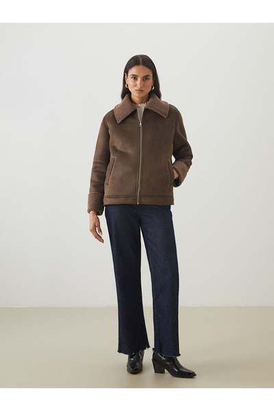 LC Waikiki Γυναικείο παλτό με γούνινο γιακά σε καφέ χρώμα oversized