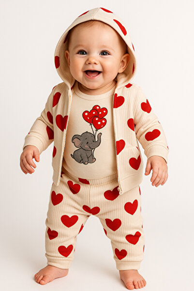 İZYALİF BABY Baby Girl 3-Piece Cardigan Set Elephant Heart Patterned Cotton Corded Fabric Fabric