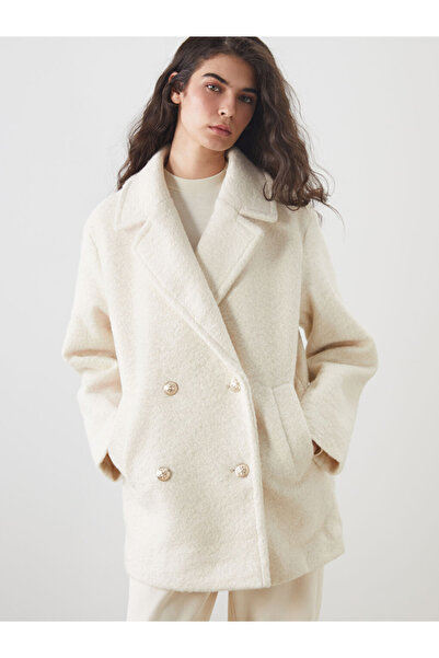 LC Waikiki Modest Ekru Double-Breasted Collar Oversized Women's Cashmere Coat