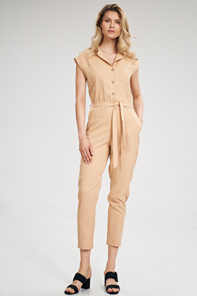 Figl Elegant short sleeve jumpsuit - waist tie jumpsuit, beige M695, size M