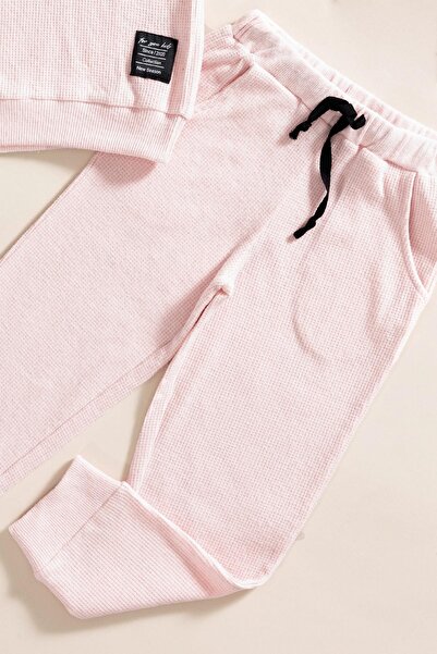 FOR YOU MODA 2-teiliges pinkes Waffel-Jogginghosen-Set mit Kapuze