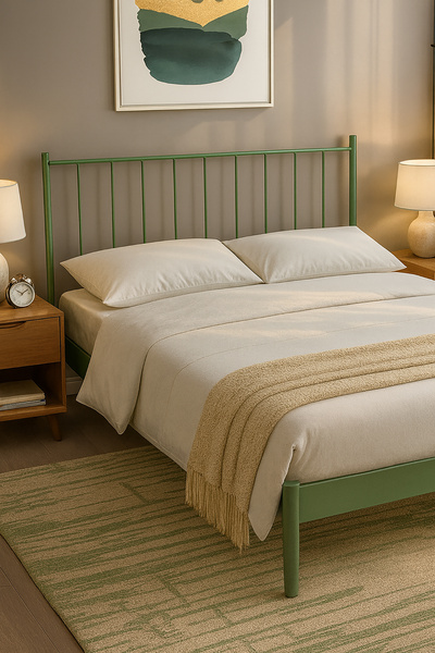 Unimet Falez-st Çift Kişilik Metal Karyola-Yeşil (YÜKSEK BAŞLIKLI) (AHŞAP LATALI)