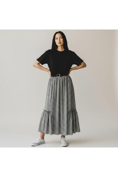GÖMLEK GALERİSİ Gingham Pattern Ruffled Wrinkled Cotton Woven Skirt (38-48)