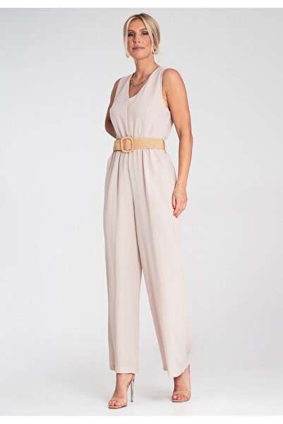 Figl Women's Loose-Fit Jumpsuit - Jumpsuit with Belt - Beige M1193 size L/XL