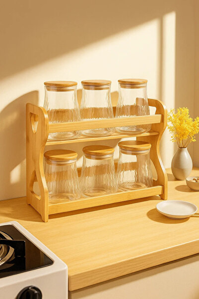 Urbanza 6 Glass Storage Jars Set with Bamboo Lids & Wooden Spice Rack – Kitchen Organizer