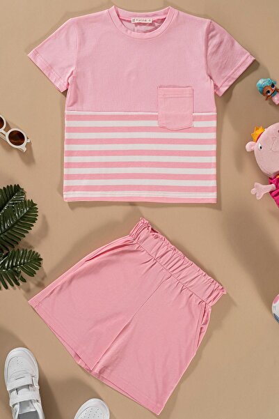 FOR YOU MODA Gestreiftes, verziertes T-Shirt-Shorts-Set in Rosa mit Tasche