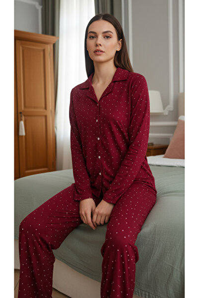 Fanwet Women's Front Buttoned Winter Burgundy Color White Polka Dot Patterned Suede Pajama Set