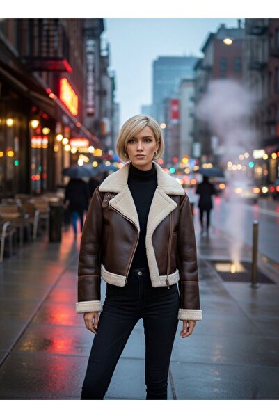 MODA Καφέ δερμάτινο μπουφάν με επένδυση από γούνα στο εσωτερικό