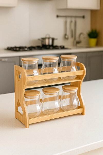 Urbanza 6 Glass Jars with Bamboo Lids & Wooden Rack – Kitchen Spice Storage Organizer Set