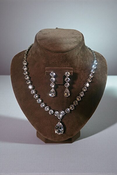 OSMANLI GÜMÜŞ Kadın Bijuteri Kolye Küpe Set - Crystal Model Baget Taşlı Zarif...