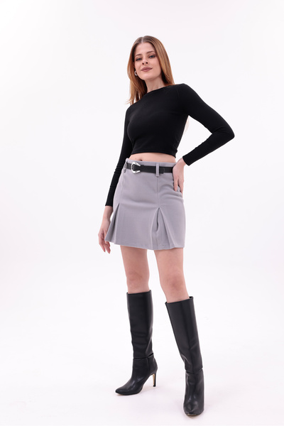mooishan Novel Women's High Waist Belted Pleated Cashmere Mini Skirt New Season