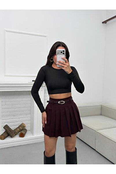 TİSHOOSTORE Women's Belted Shorts Lined Pleated Mini Skirt