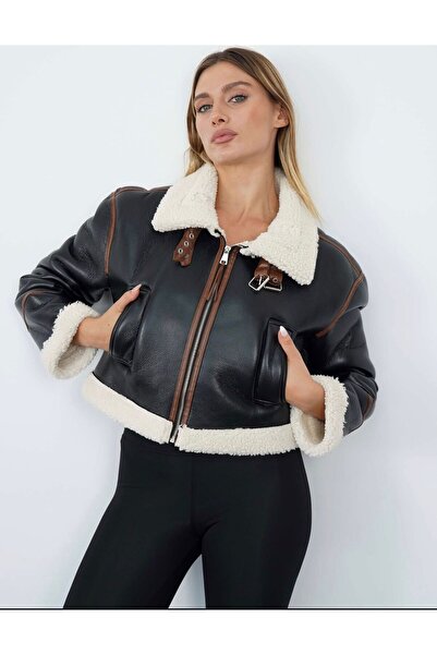 MODA Μαύρο δερμάτινο μπουφάν με επένδυση από γούνα στο εσωτερικό