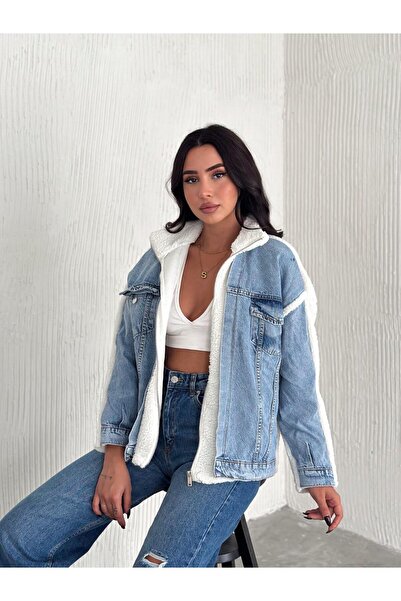 Elaxi Women's Blue Denim Paneled Zippered White Lamb Plush Coat