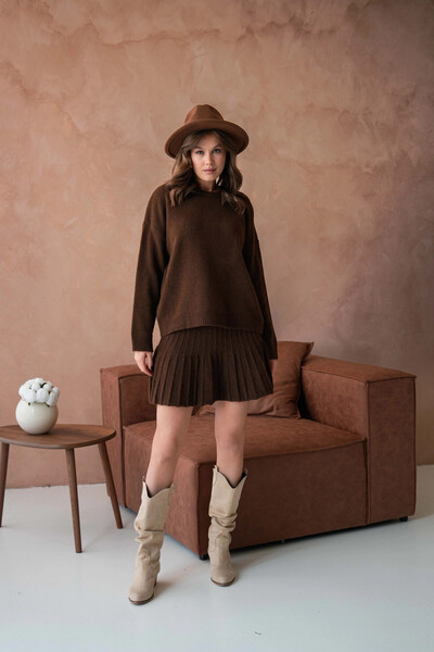 Park Karon Women's Double Knitwear Set with Crew Neck Skirt