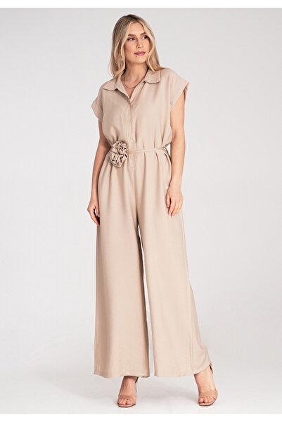 Figl Loose-fitting jumpsuit - Short sleeve jumpsuit - Beige M1177 Universal