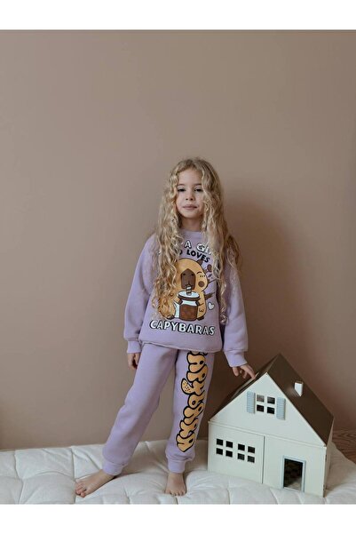 ARBİ kids Κοριτσίστικο σετ καπιμπάρα με τρία νήματα επένδυση fleece χειμερινό μαλακό διπλό σετ μωβ