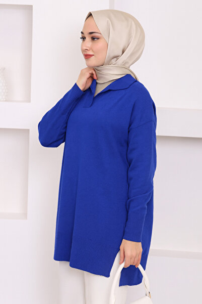 CLOUDY WEAR&DESİGN Women's V-Neck Polo Long Sleeve Slit Basic Hijab Knitwear Sweater
