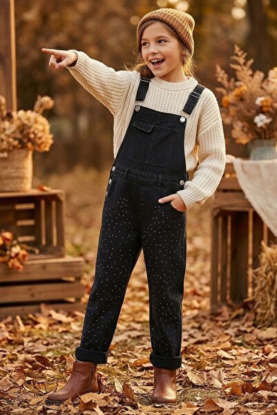 Minigimin Cicileri My Little One's Stone Detailed Denim Girl's Salopet - Black