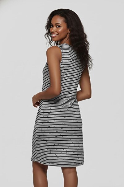 enmodaiçgiyim Γυναικείο φόρεμα casual με μαύρο ριγέ σχέδιο πουλιού, 100% βαμβάκι, με λαιμόκοψη σε σχήμα V, με μήκος μίντι