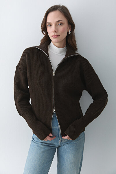 Laluvia Brown Double Zipper Cardigan - 251080