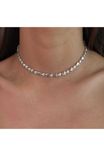 h&b design jewel Çelik Silver Pofuduk Kalpli Choker