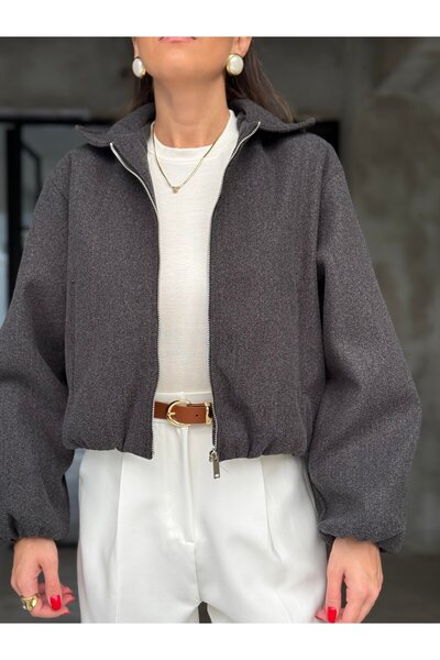 solena sln Women's Polo Neck Rubber Detail Cashmere Bomber Jacket