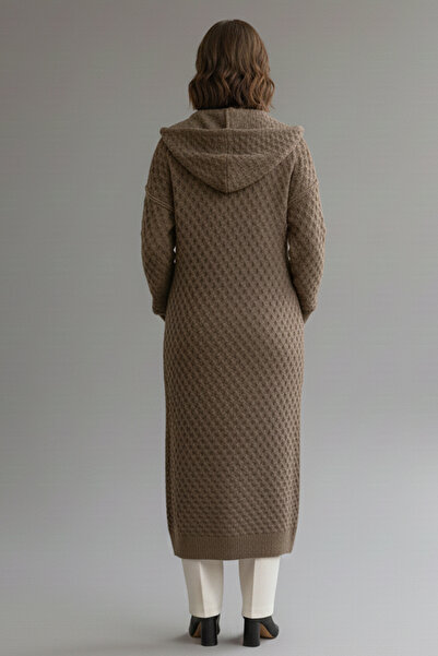 benguen Hooded Patterned Long Knitwear Cardigan R4328 Mink