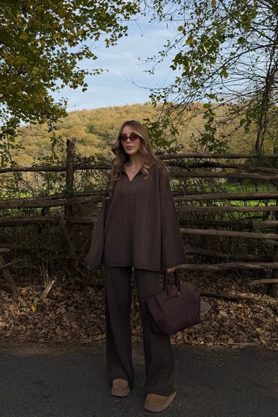 Laluvia Brown Polo Neck Knitwear Set - 4588