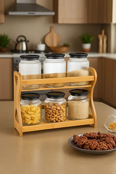 Urbanza 6 Glass Storage Jars Set with Black Lids & Wooden Rack – Kitchen Counter Organizer