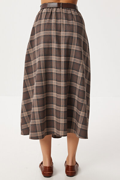 Lovelyİstanbul Belted Checkered Midi Polyviscose Skirt Lrg0047 Brown