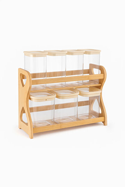 Urbanza 7 Round Storage Jars with Cream Lids & Wooden Rack – Kitchen Spice & Food Organizer Set