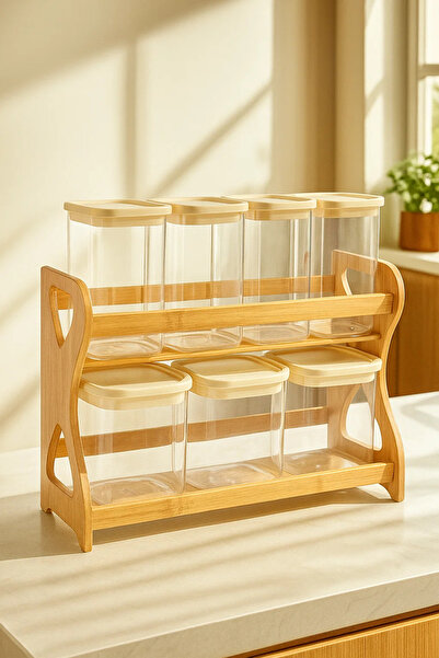 Urbanza 7 Round Storage Jars with Cream Lids & Wooden Rack – Kitchen Spice & Food Organizer Set