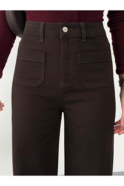 XBELLA DENİM بنطلون جينز نسائي بني بجيوب أمامية وساق واسعة وخصر عالي