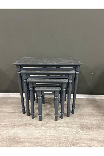 DEREN HOME Avangart Serisi Gümüs Detay 1 Sınıf MDF Lake Boya Gürgen Ayak 4 lü Zigon Sehpa Antrasit Gümüs Detay