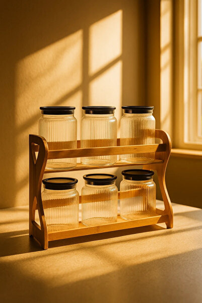 Urbanza 6 Glass Storage Jars Set with Black Lids & Wooden Rack – Kitchen Counter Organizer
