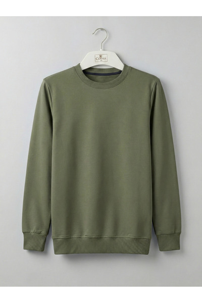 nacar çarşı Unisex Haki Yeşil 2 İplik Pamuklu Bisiklet Yaka Sweatshirt - Günl...