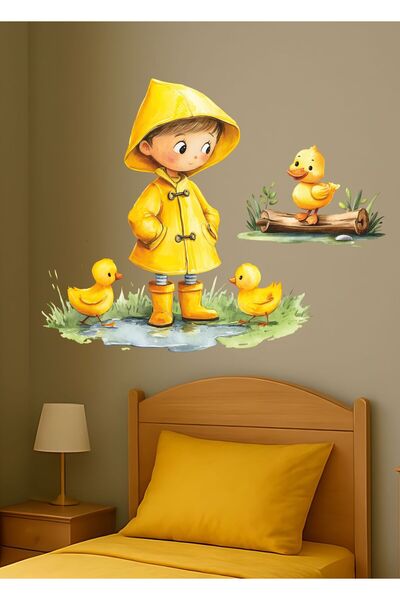 Aysha Tasarım Yellow Raincoat Children's Wall Sticker – Duck Friends – Childr...