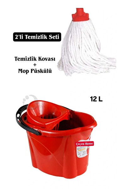 ÇEÇEN HOME Kırmızı Ev Tipi Temizlik Kovası Eko Kova ve Sıkma Aparatı + Mop Pü...