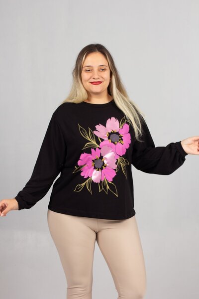 Truva XXL Φούτερ με λαιμόκοψη με μαύρο λουλούδι με τύπωμα 2 νήματα επένδυση fleece χτενισμένο βαμβακερό φούτερ