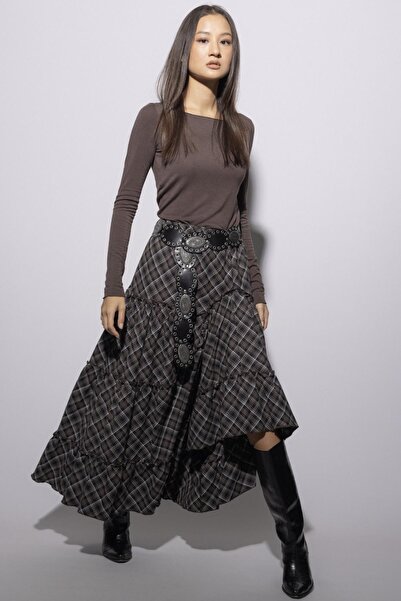 Olcay Ruffled Plaid Skirt with Flounces Brown 7067