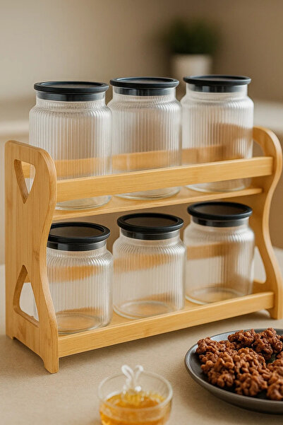Urbanza 6 Glass Storage Jars Set with Black Lids & Wooden Rack – Kitchen Counter Organizer