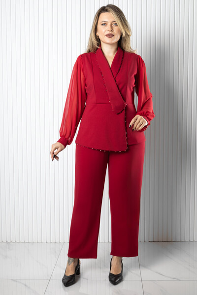 DENİMİNİ Şifon Kol Kruvaze Taş İşlemeli Büyük Beden Bluz Pantolon Takım DNM966