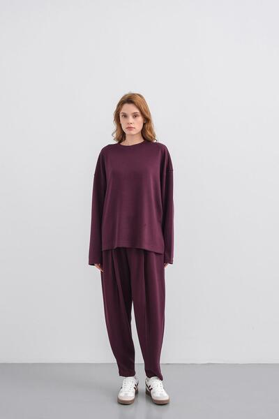 Basicpark Plum Women's Soft Textured Premium Modal Fabric Top and Bottom Set