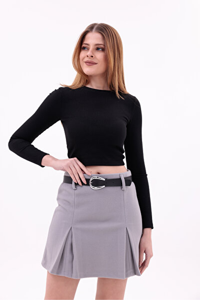 mooishan Novel Women's High Waist Belted Pleated Cashmere Mini Skirt New Season