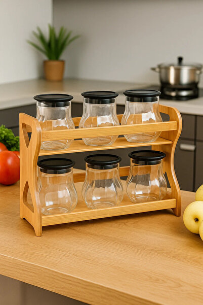 Urbanza 6 Glass Jars with Black Lids & Wooden Rack – Kitchen Spice Storage Organizer Set